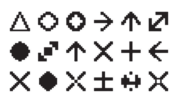 Set of pixel art arrow and navigation symbols for user interface or game design projects.