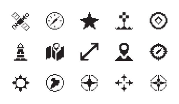 Map and location pixel art icons collection for navigation apps and digital game screens.