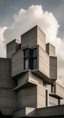 Fototapeta premium Brutalist Architecture Building Facade with Geometric Concrete Shapes and Dark Windows Against Cloudy Sky
