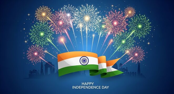 Independence Day Ribbon Design with Fireworks and Landmarks