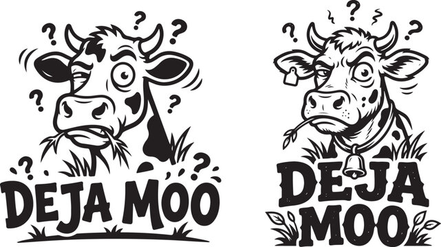 Funny cow with question marks and deja moo text pun line art illustration