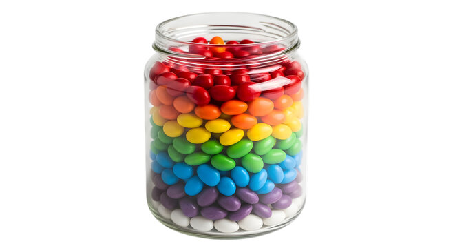 Vibrant rainbow jelly beans in a clear glass jar on black background for party favors and snack time