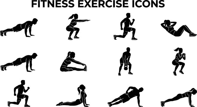 black silhouette fitness exercise icons of people doing various workouts and poses