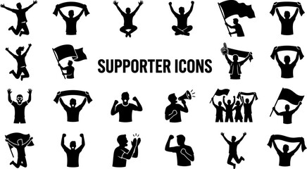 Obraz premium Supporter icons set with people celebrating and cheering in various poses and actions