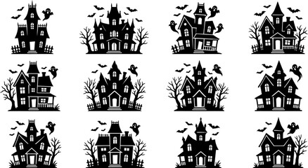 Collection of various spooky haunted houses with bats and trees on white background © Badhon