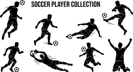 blacksilhouettesofsoccerplayersinvariousposeswithsoccerballs © Badhon