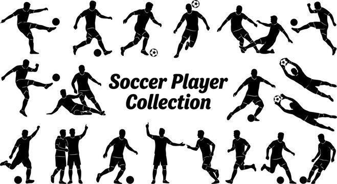 Collection of soccer players in various poses and actions on white background
