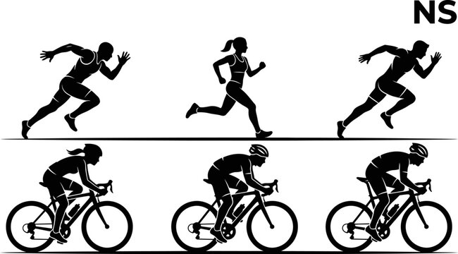 silhouette of people running and cycling in various athletic poses side view