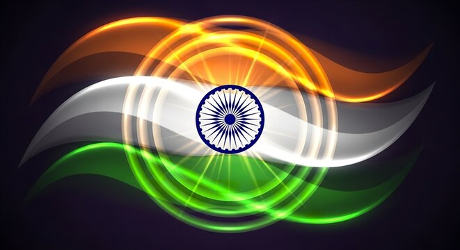 Glowing Abstract Indian Flag Waves with Ashoka Chakra