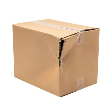 Cardboard delivery box with visible damage and tape on transparent background.