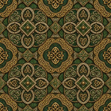 Seamless Celtic ornament pattern with green stone, gold knotwork, triquetra symbols, carved leaves, and raised relief details for luxury wallpaper, fabric, packaging, and decorative background