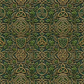 Tileable Celtic knot texture in green, gold, and teal, with carved leaves, triquetra symbols, interlaced borders, and embossed relief detail for wallpaper, fabric, packaging, and decorative surfaces