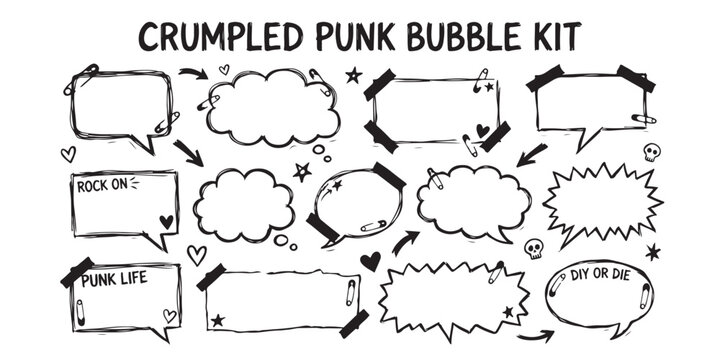 Set of hand drawn speech bubbles and thought clouds in punk rock style with safety pins and tape Vector, illustration