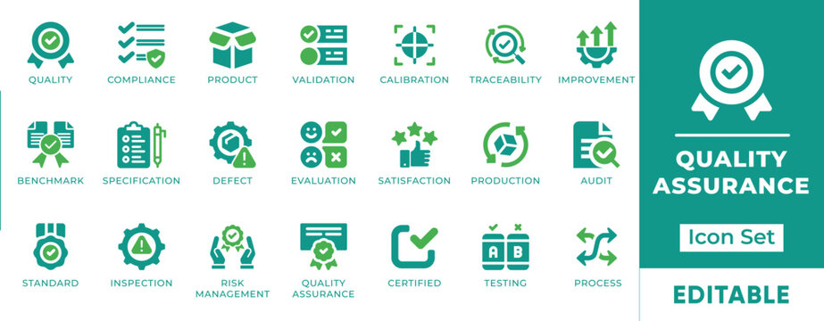Quality Assurance and Control Icon Set - corporate compliance audit, product testing, calibration, and industry standard icons.