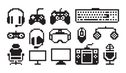 Pixel art gaming icons set. gamepad, headset, vr glasses, computer keyboard, mouse, monitor. © MD