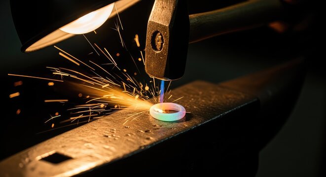 Close-up of a glowing ring being shaped on an anvil as bright sparks fly under a focused lamp, capturing the intricate art of metalwork, hammer, molten, dark background