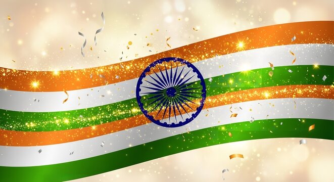 Waving Indian Flag with Ashoka Chakra and Festive Light Effects
