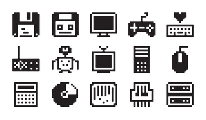 Pixel art technology icons set. floppy disk, monitor, gamepad, keyboard, robot, computer mouse. © MD