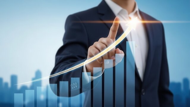 Businessman in a dark suit touching a glowing upward trending arrow on a digital bar chart overlay against a blurred city skyline background