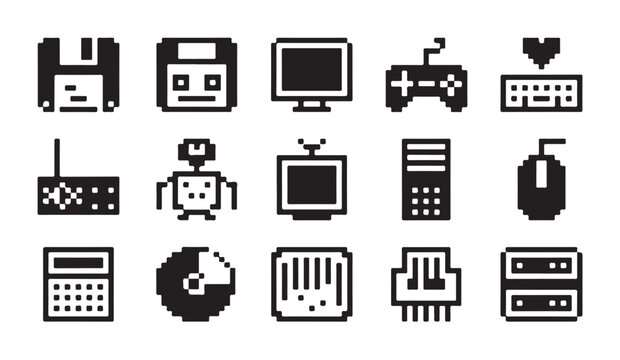 Pixel art technology icons set. floppy disk, monitor, gamepad, keyboard, robot, computer mouse.