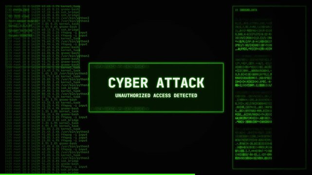 Cyber Attack Unauthorized Access Screen, Motion Graphics, Security Breach Alert Overlay, Digital Interface Code Background, Terminal System Warning