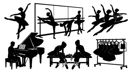 Ballet Dance Silhouettes Set: Dancers, Piano, Barre, Tutus, Rehearsal Scenes, Elegant Performance Graphics © Zubaraj
