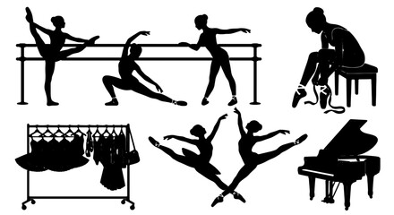 Ballet Dancer Silhouettes Collection, Graceful Poses and Studio Elements, Elegant Dance Performance Graphics, Vector Art Set © Zubaraj