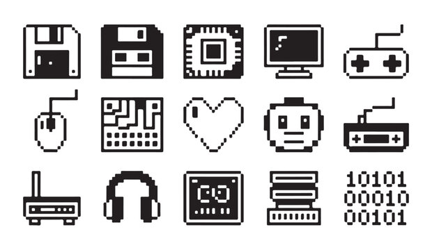 Pixelated computer technology icons set featuring hardware components and game assets.