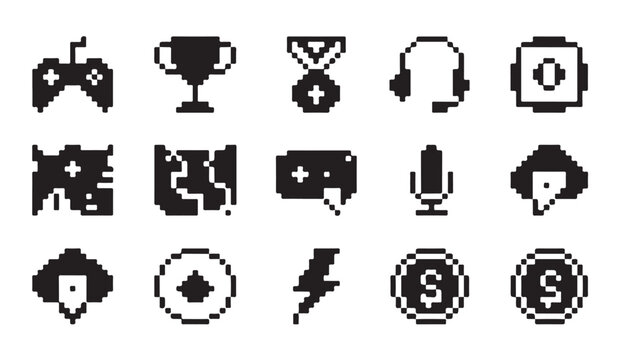 Minimalist pixelated game elements including medals headsets microphones and currency symbols.