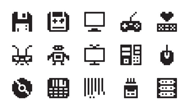Vintage computer hardware and robot pixel art icons with diskettes monitors and keyboards.