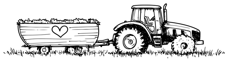 Farm tractor pulling a wooden trailer with heart symbol in vintage sketch style © Kaz