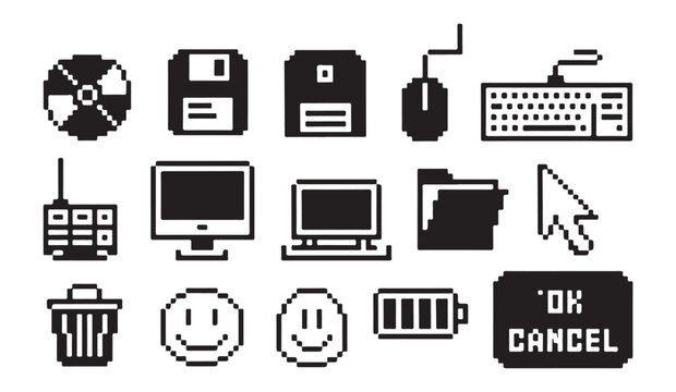 Collection of retro pixel art computer and interface icons on white background.