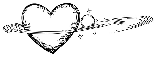 Heart planet with rings and moon in outer space in hand drawn sketch style © Kaz