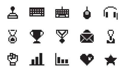 Pixel art game icons joystick keyboard mouse headset trophy medal envelope heart. © MD
