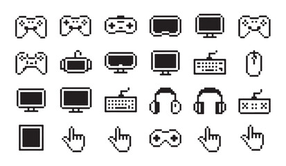 Pixel graphic gaming icons controller monitor keyboard mouse headset cursor hand. © RANA