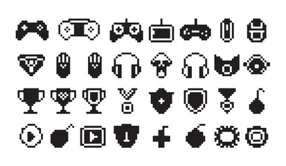 Pixel gaming icons controller VR headset monitor keyboard mouse headset trophy. © MD