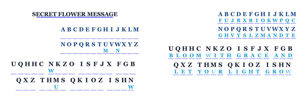 Cryptogram puzzle "SECRET FLOWER MESSAGE" in blue and gray tones, a logic game for deciphering words