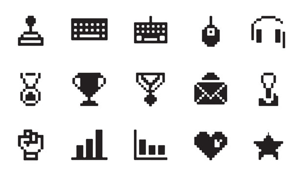 Pixel art game icons joystick keyboard mouse headset trophy medal envelope heart.