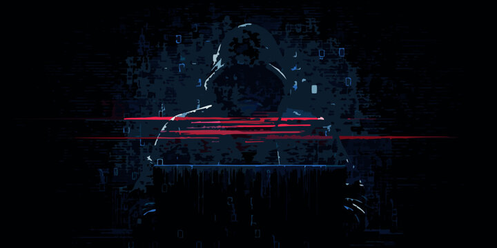 Hooded Figure Illustration With Glitch Effect And Binary Code