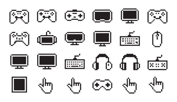 Pixel graphic gaming icons controller monitor keyboard mouse headset cursor hand.