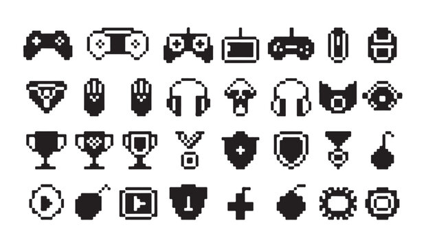Pixel gaming icons controller VR headset monitor keyboard mouse headset trophy.