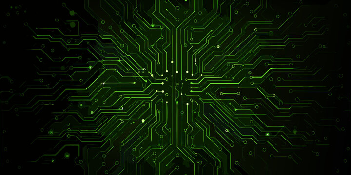 Green Circuit Board Pattern With Interconnected Lines And Nodes