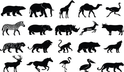 Wild Animal Black Silhouette Vector Icon Set Featuring Safari, Zoo, and Jungle Creatures for Graphic Design, Logos, and Craft Projects © Riyan