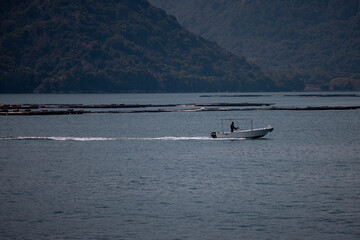Fototapeta premium Oyster farming platforms in Hiroshima Bay near Miyajima Island, Japan
