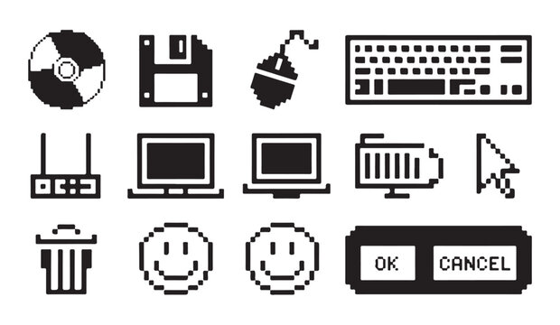 Retro pixel art interface icons featuring storage media input devices and system symbols.