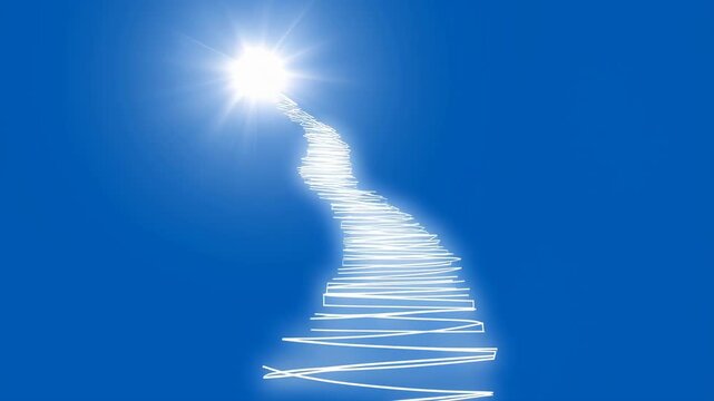 Staircase infinite depth with glowing light at top, reflective neon lines creating surreal perspective on blue background