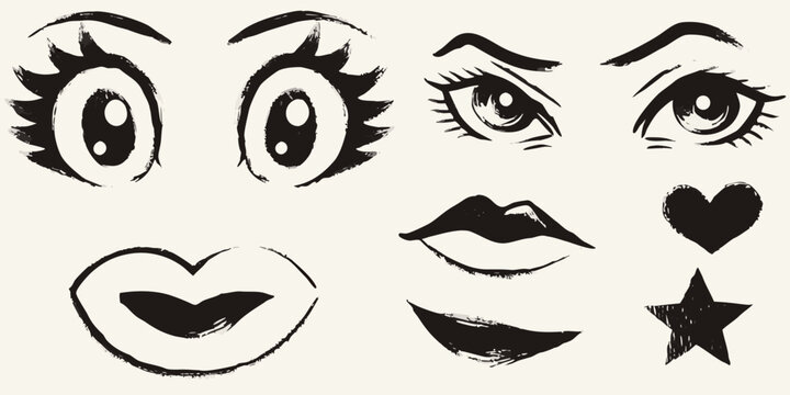 collection of expressive eyes and lips black ink illustration