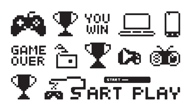 Pixel art gaming icons set featuring controllers trophies computers and classic retro text.