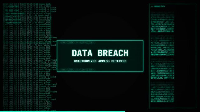 Data Breach Unauthorized Access Screen, Motion Graphics, Information Security Alert Overlay, Digital Interface Code Background, Terminal System Warning