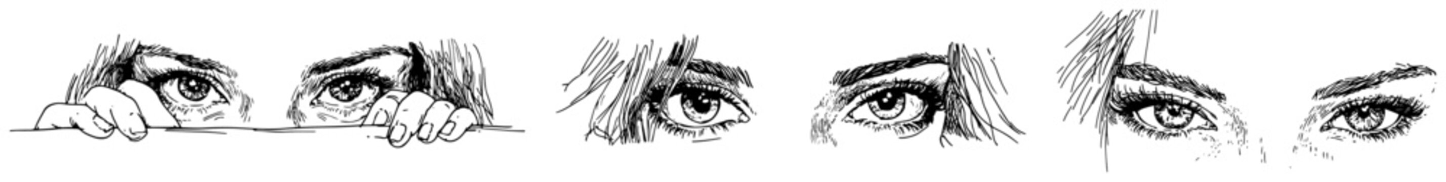 Collection of female eyes with different expressions and peeking poses in hand drawn vintage sketch style